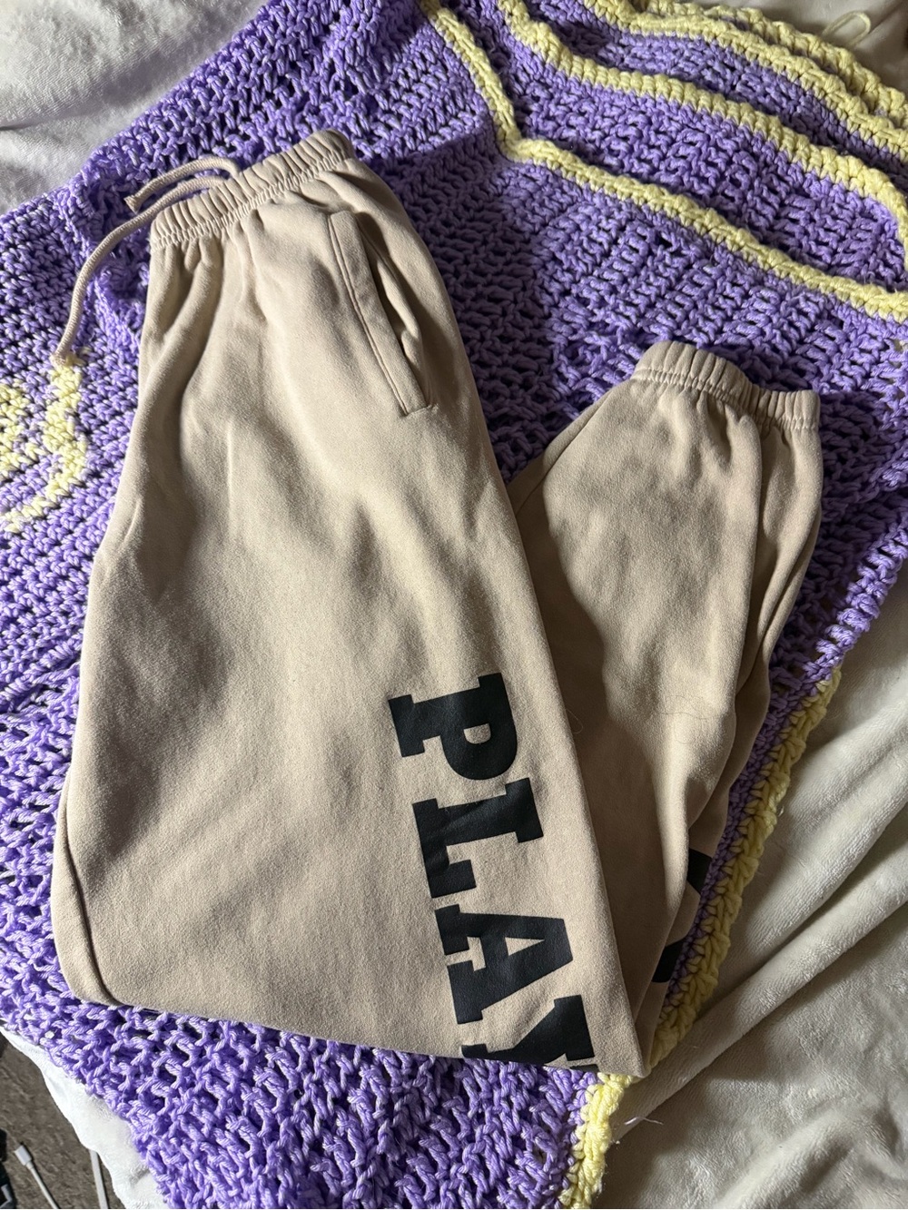 PLAYBOY Beige Track Joggers with Black Logo
